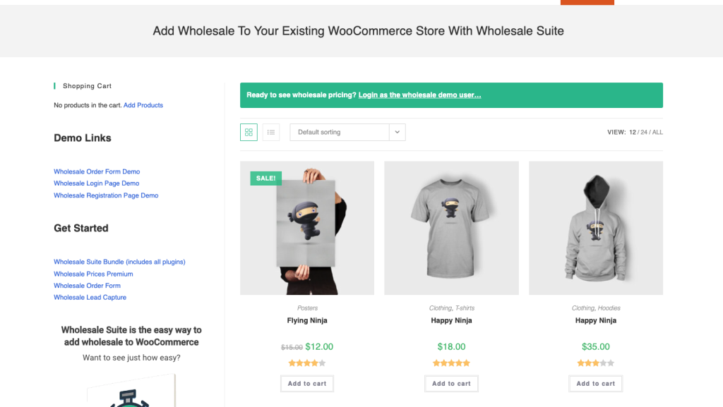 Demo site for Wholesale Suite plugins showcasing wholesale pricing and products, including posters, T-shirts, and hoodies, with demo links and getting started options on the sidebar.